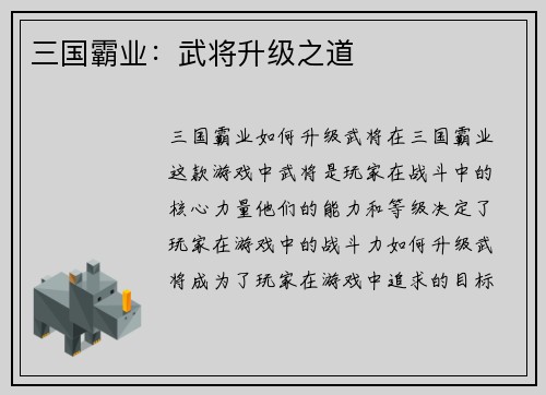 三国霸业：武将升级之道